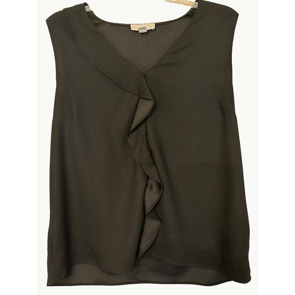 Halston Womens Black Sleeveless V Neck Blouse With Ruffle Trim Size L